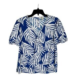 CATO Women Tropical Top XL Blue Floral Print V-Neck Short Puff Sleeve Blouse
